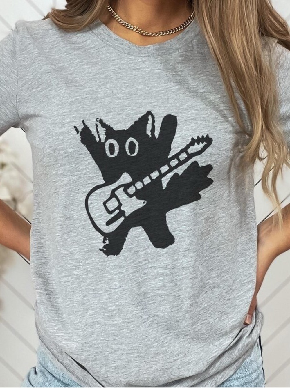 Gildan Gray Short Sleeve Tee with Black Cat Guitar Graphic